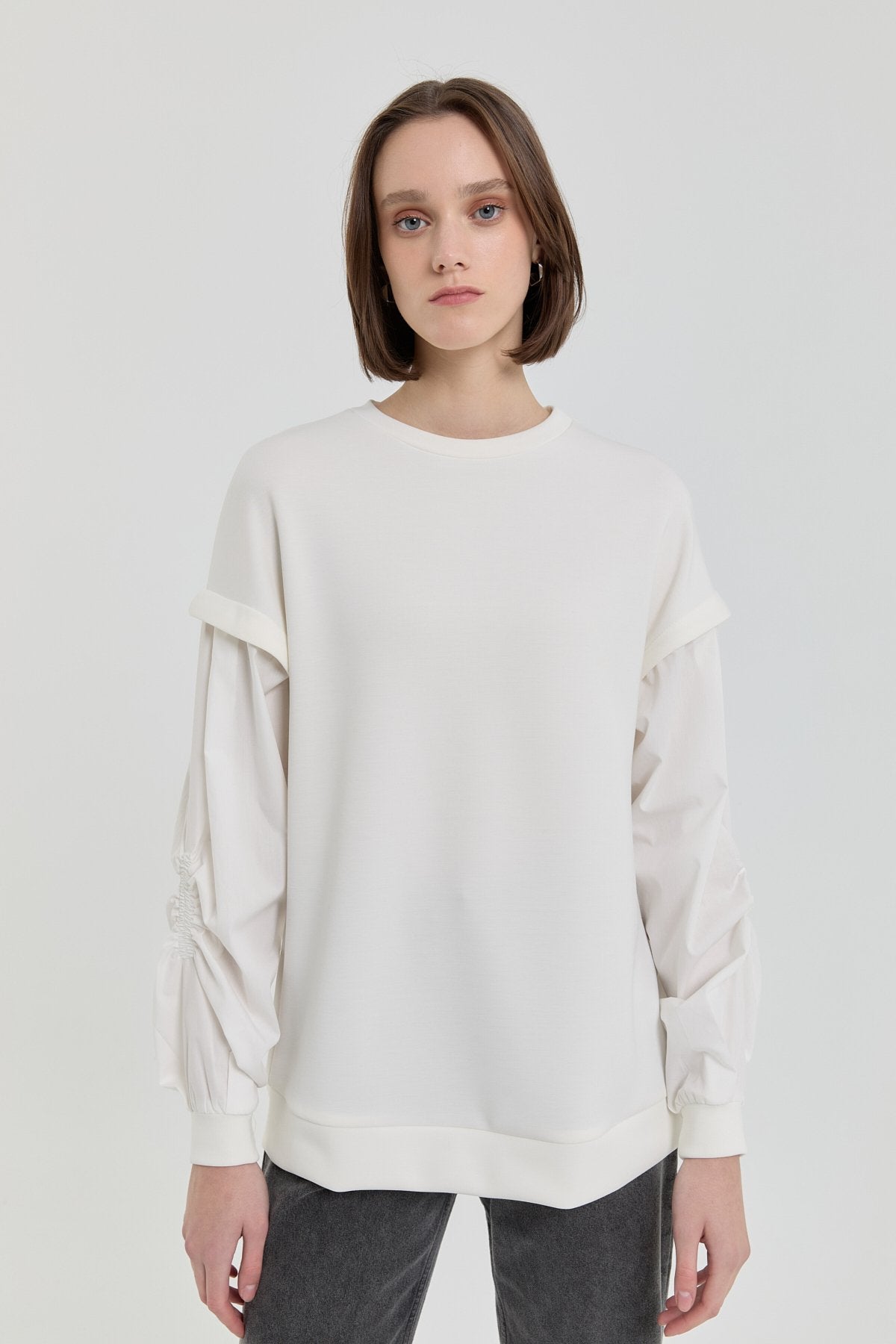Kolları Poplin Örme Sweat - Ekru