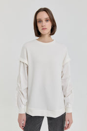 Kolları Poplin Örme Sweat - Ekru