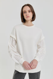 Kolları Poplin Örme Sweat - Ekru
