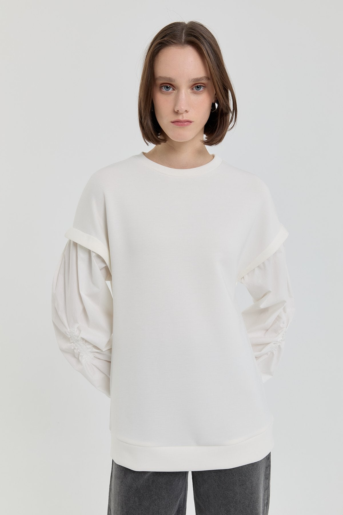 Kolları Poplin Örme Sweat - Ekru