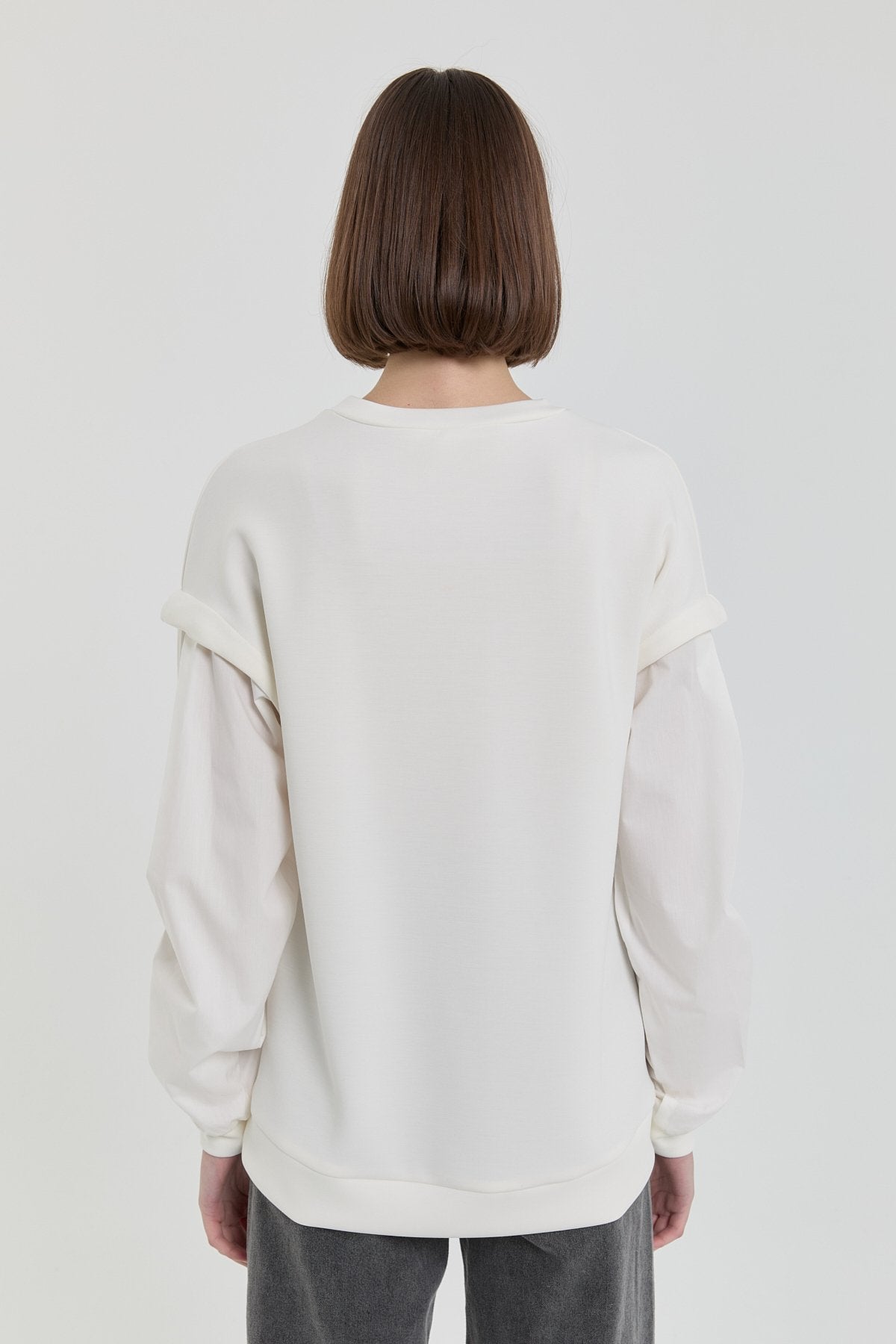 Kolları Poplin Örme Sweat - Ekru
