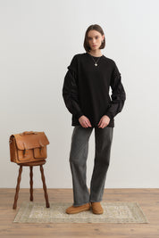 Kolları Poplin Örme Sweat - Siyah