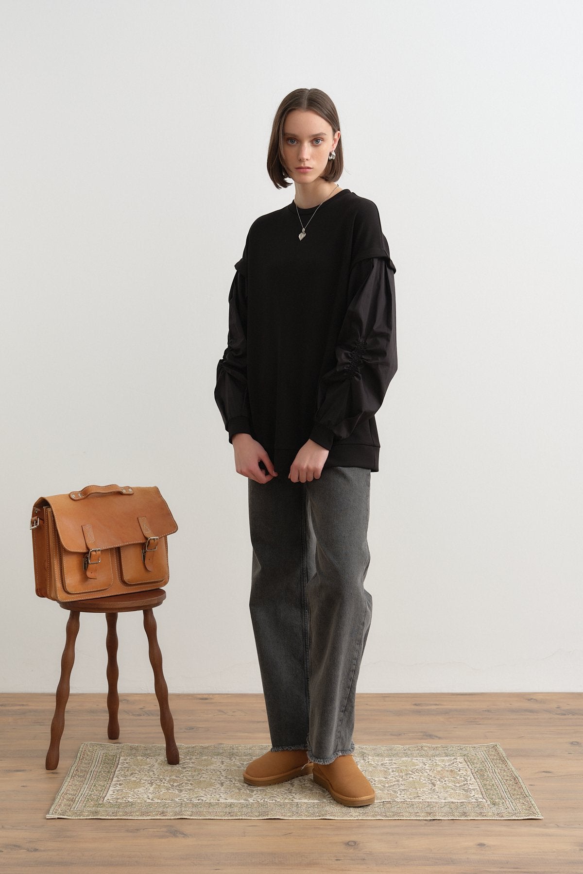 Kolları Poplin Örme Sweat - Siyah