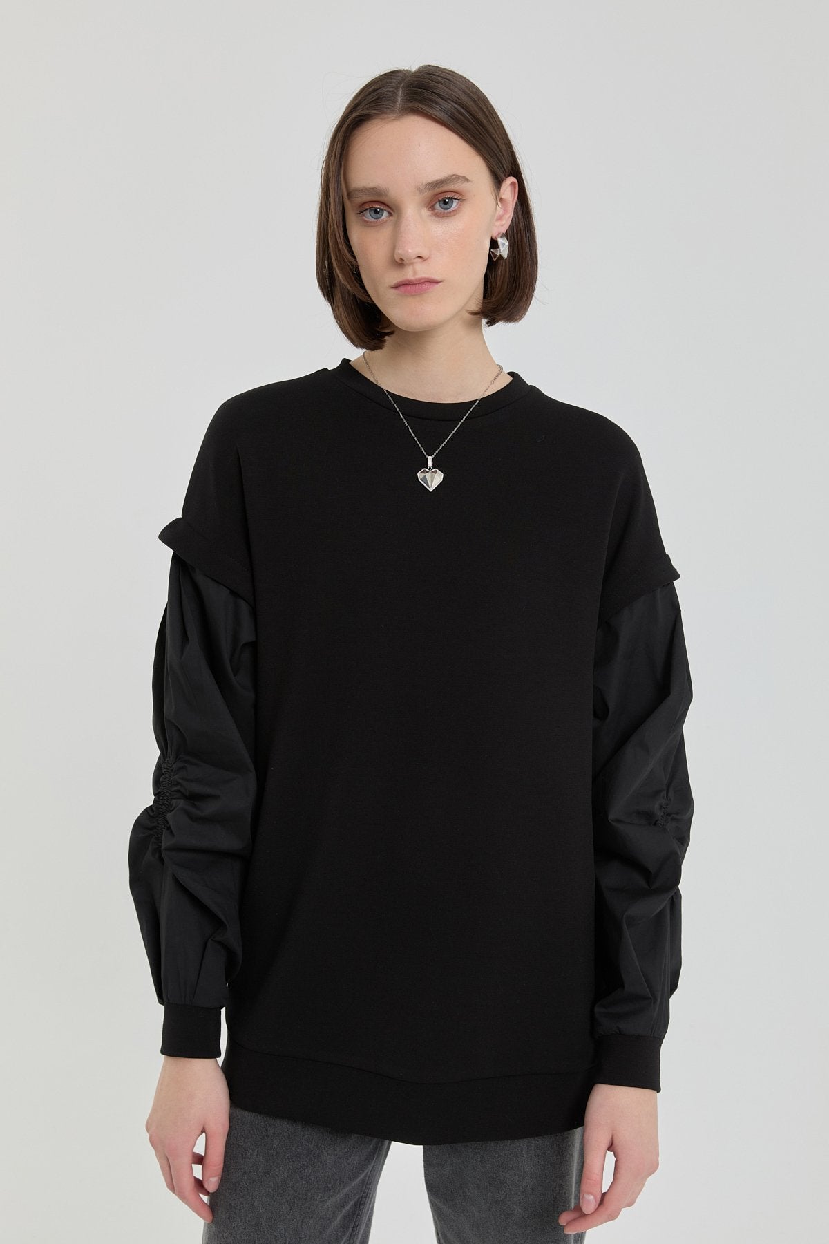 Kolları Poplin Örme Sweat - Siyah