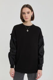 Kolları Poplin Örme Sweat - Siyah