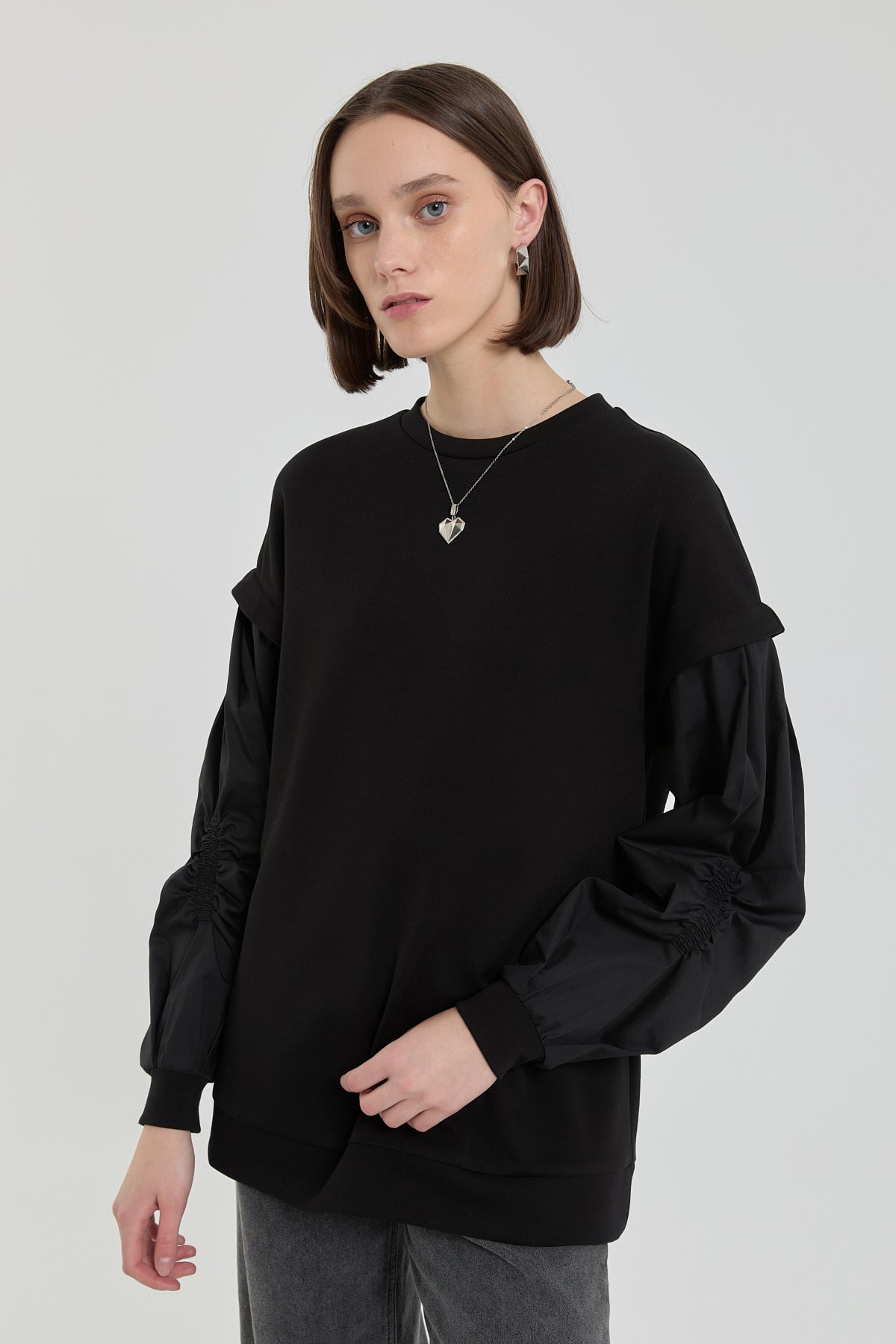 Kolları Poplin Örme Sweat - Siyah