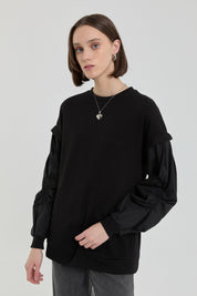 Kolları Poplin Örme Sweat - Siyah