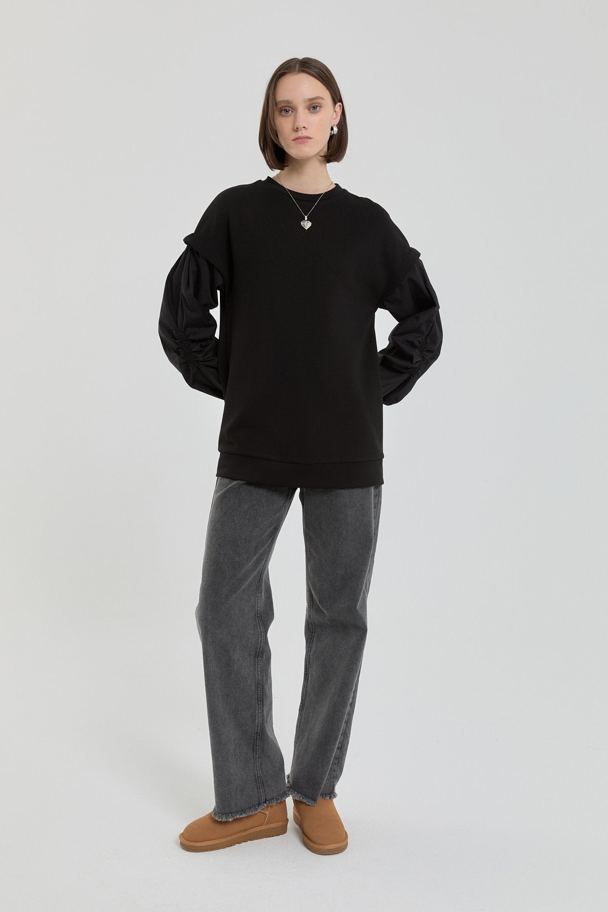 Kolları Poplin Örme Sweat - Siyah