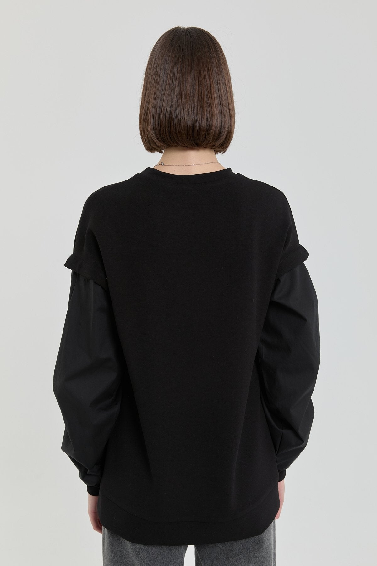 Kolları Poplin Örme Sweat - Siyah