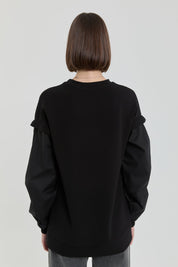 Kolları Poplin Örme Sweat - Siyah