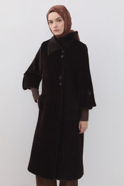 Angora Coat with Ribbed Sleeves - Brown