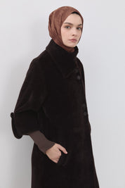 Angora Coat with Ribbed Sleeves - Brown
