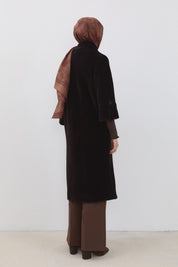 Angora Coat with Ribbed Sleeves - Brown