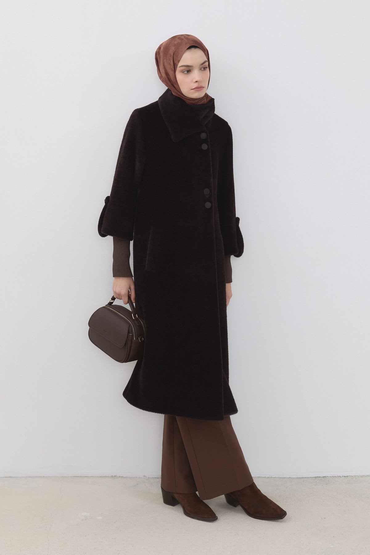 Angora Coat with Ribbed Sleeves - Brown