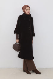 Angora Coat with Ribbed Sleeves - Brown