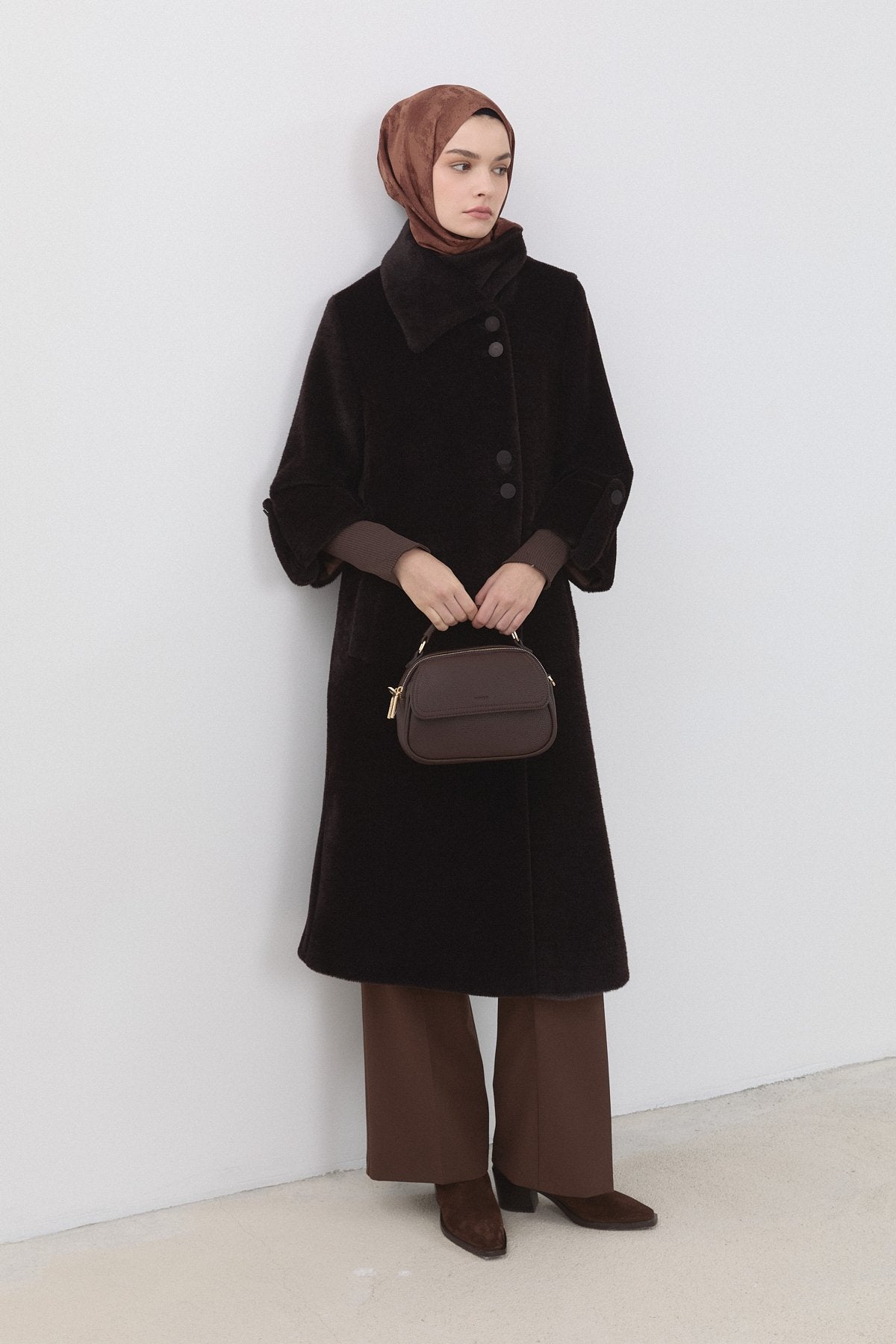 Angora Coat with Ribbed Sleeves - Brown