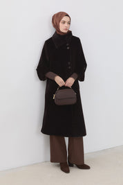 Angora Coat with Ribbed Sleeves - Brown