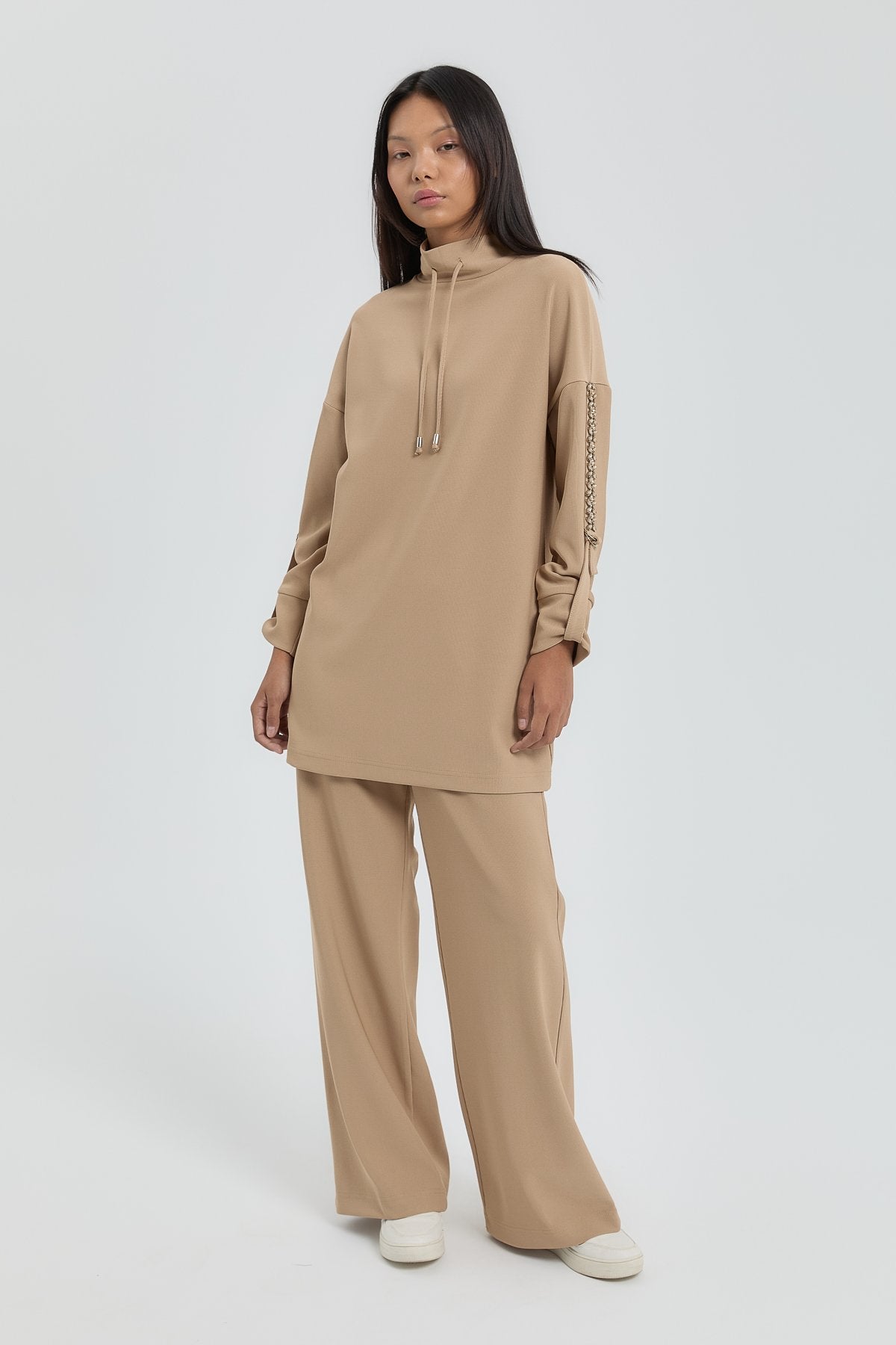 Kolları Taşlı Örme Pantolon Tunik Takım - Camel