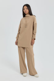 Kolları Taşlı Örme Pantolon Tunik Takım - Camel