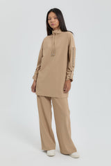 Kolları Taşlı Örme Pantolon Tunik Takım - Camel