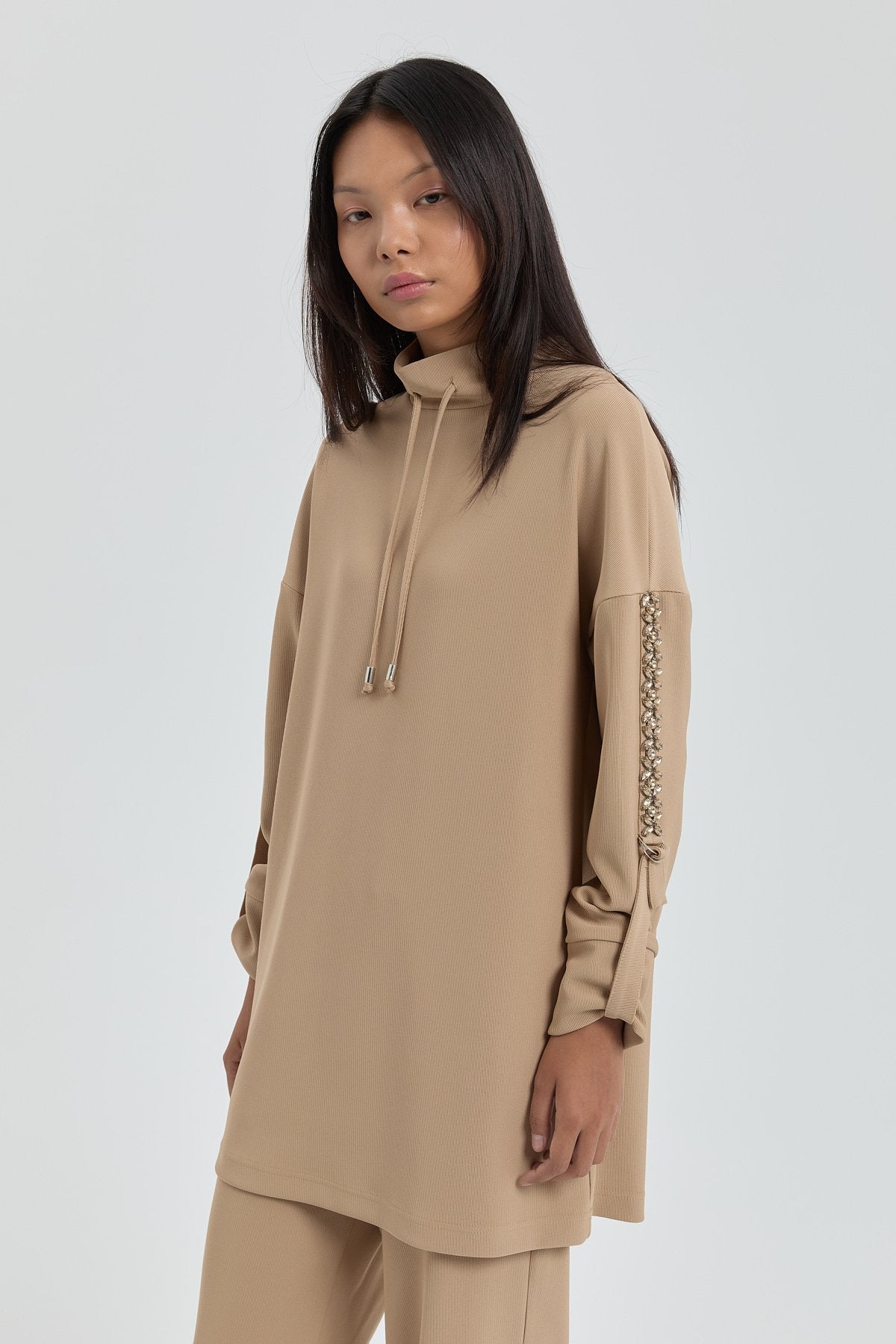 Kolları Taşlı Örme Pantolon Tunik Takım - Camel