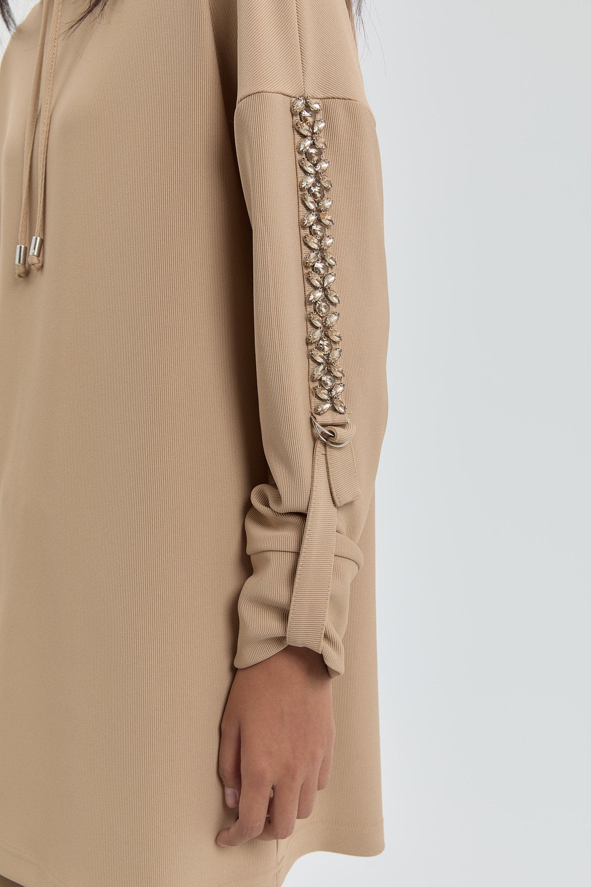Kolları Taşlı Örme Pantolon Tunik Takım - Camel