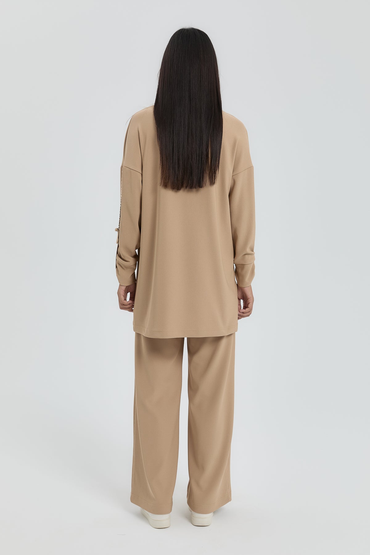 Kolları Taşlı Örme Pantolon Tunik Takım - Camel