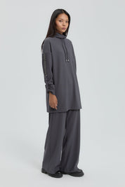 Kolları Taşlı Örme Pantolon Tunik Takım - Füme