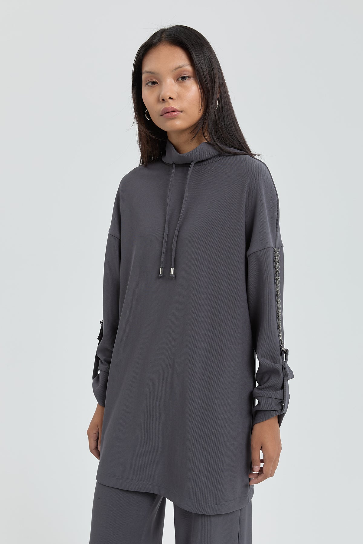 Kolları Taşlı Örme Pantolon Tunik Takım - Füme