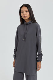 Kolları Taşlı Örme Pantolon Tunik Takım - Füme