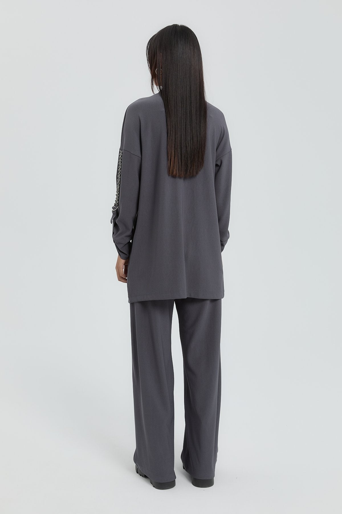 Kolları Taşlı Örme Pantolon Tunik Takım - Füme