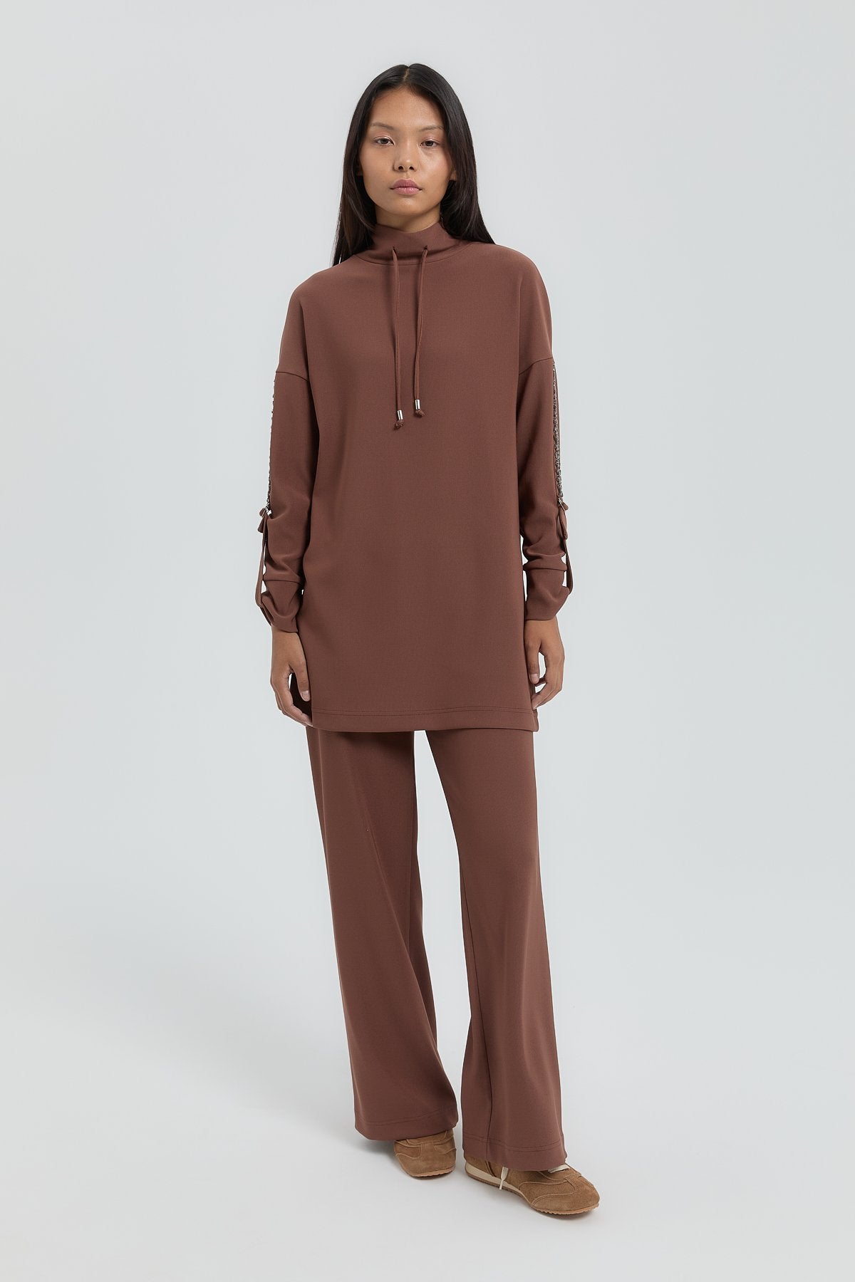 Kolları Taşlı Örme Pantolon Tunik Takım - Kahve