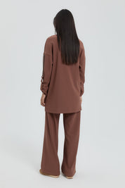 Embellished Knitted Pants and Tunic Set - Brown