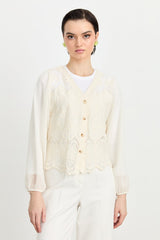 Cardigan with Tulle Lace Sleeves - Ecru