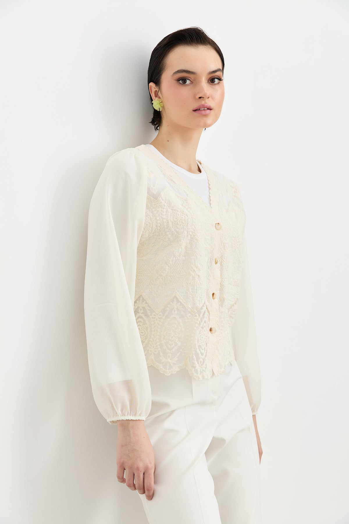 Cardigan with Tulle Lace Sleeves - Ecru