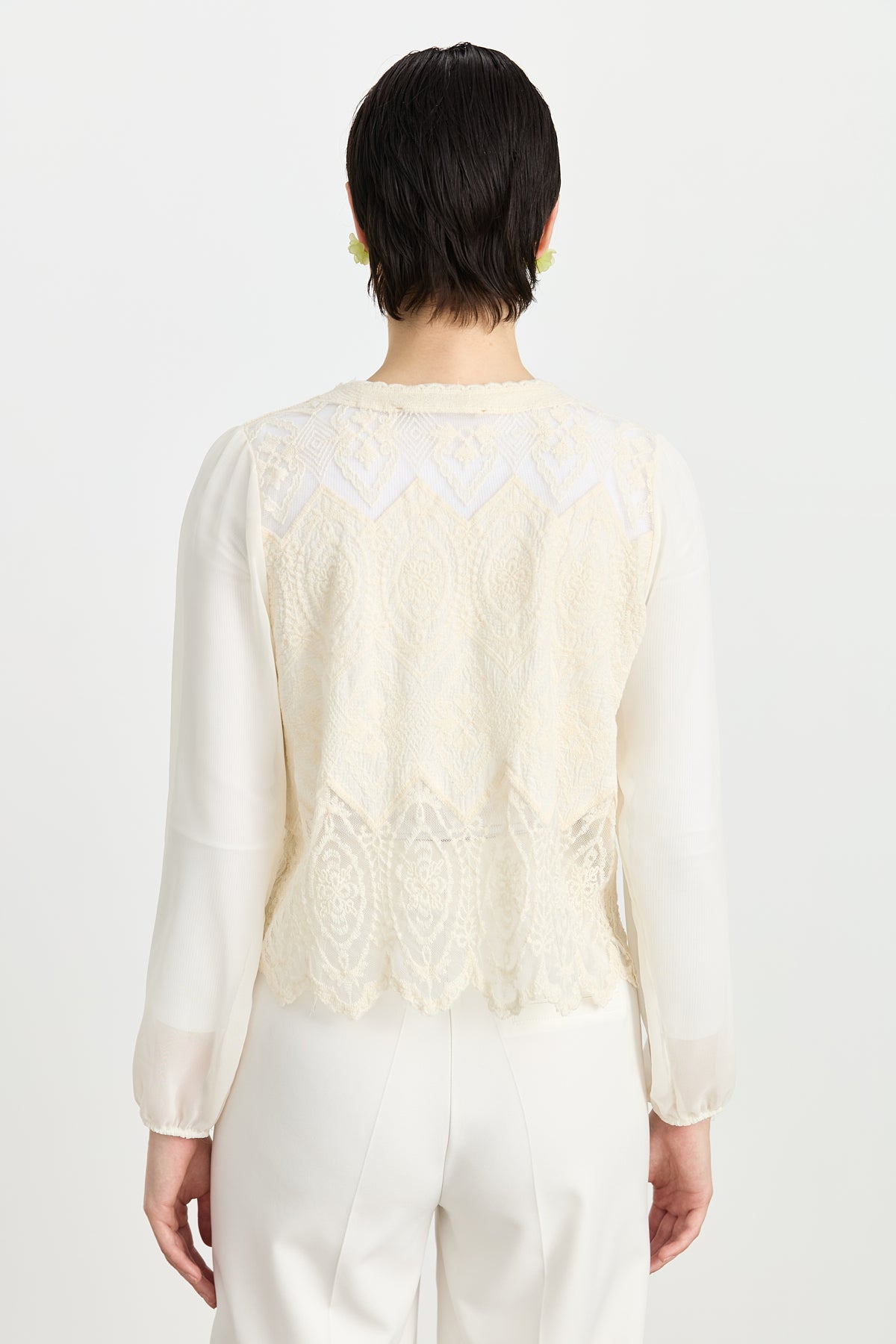 Cardigan with Tulle Lace Sleeves - Ecru