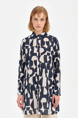 Cotton Shirt Tunic with Adjustable Sleeves - Navy Blue