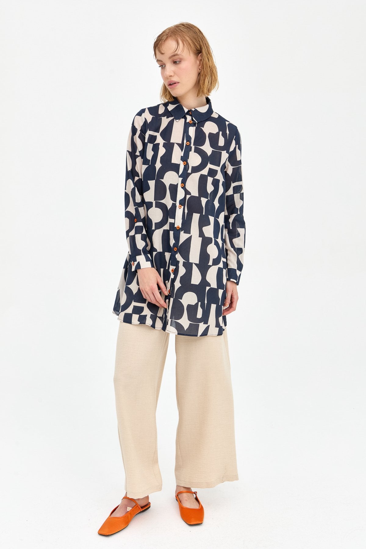 Cotton Shirt Tunic with Adjustable Sleeves - Navy Blue
