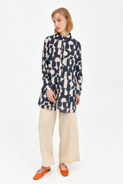 Cotton Shirt Tunic with Adjustable Sleeves - Navy Blue