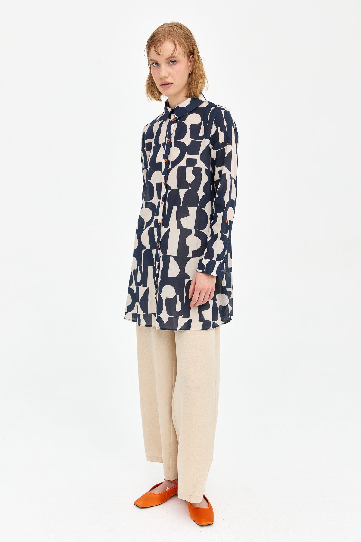 Cotton Shirt Tunic with Adjustable Sleeves - Navy Blue