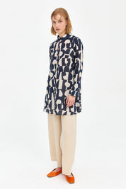 Cotton Shirt Tunic with Adjustable Sleeves - Navy Blue