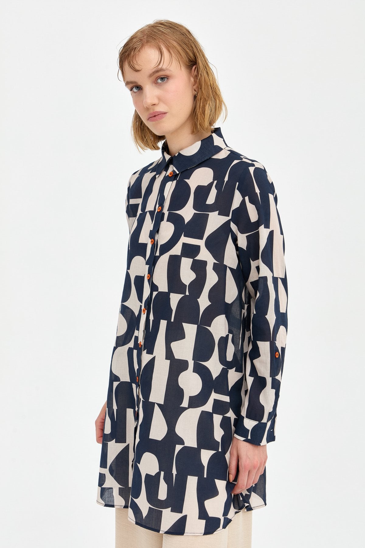 Cotton Shirt Tunic with Adjustable Sleeves - Navy Blue