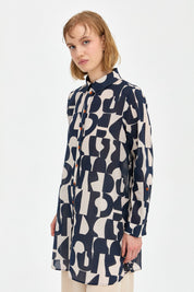 Cotton Shirt Tunic with Adjustable Sleeves - Navy Blue