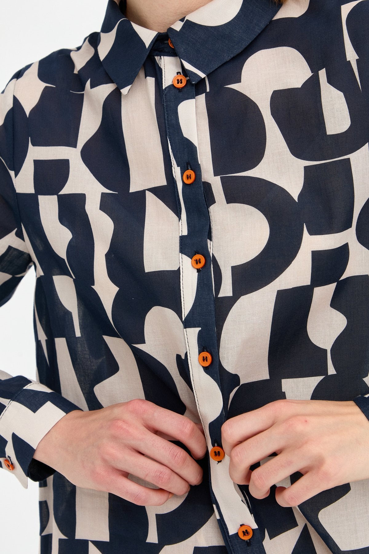 Cotton Shirt Tunic with Adjustable Sleeves - Navy Blue