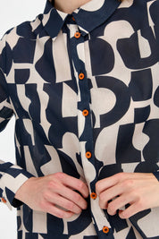 Cotton Shirt Tunic with Adjustable Sleeves - Navy Blue