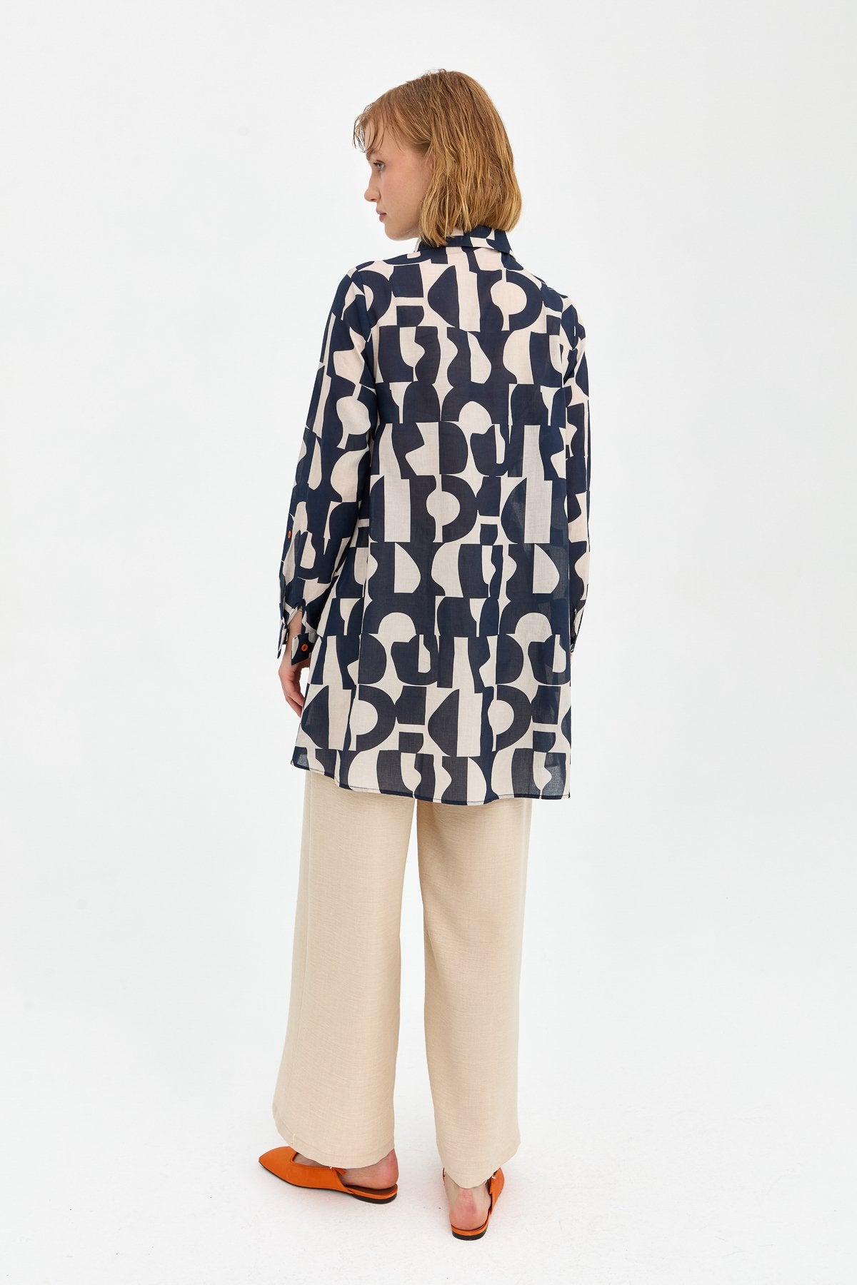 Cotton Shirt Tunic with Adjustable Sleeves - Navy Blue