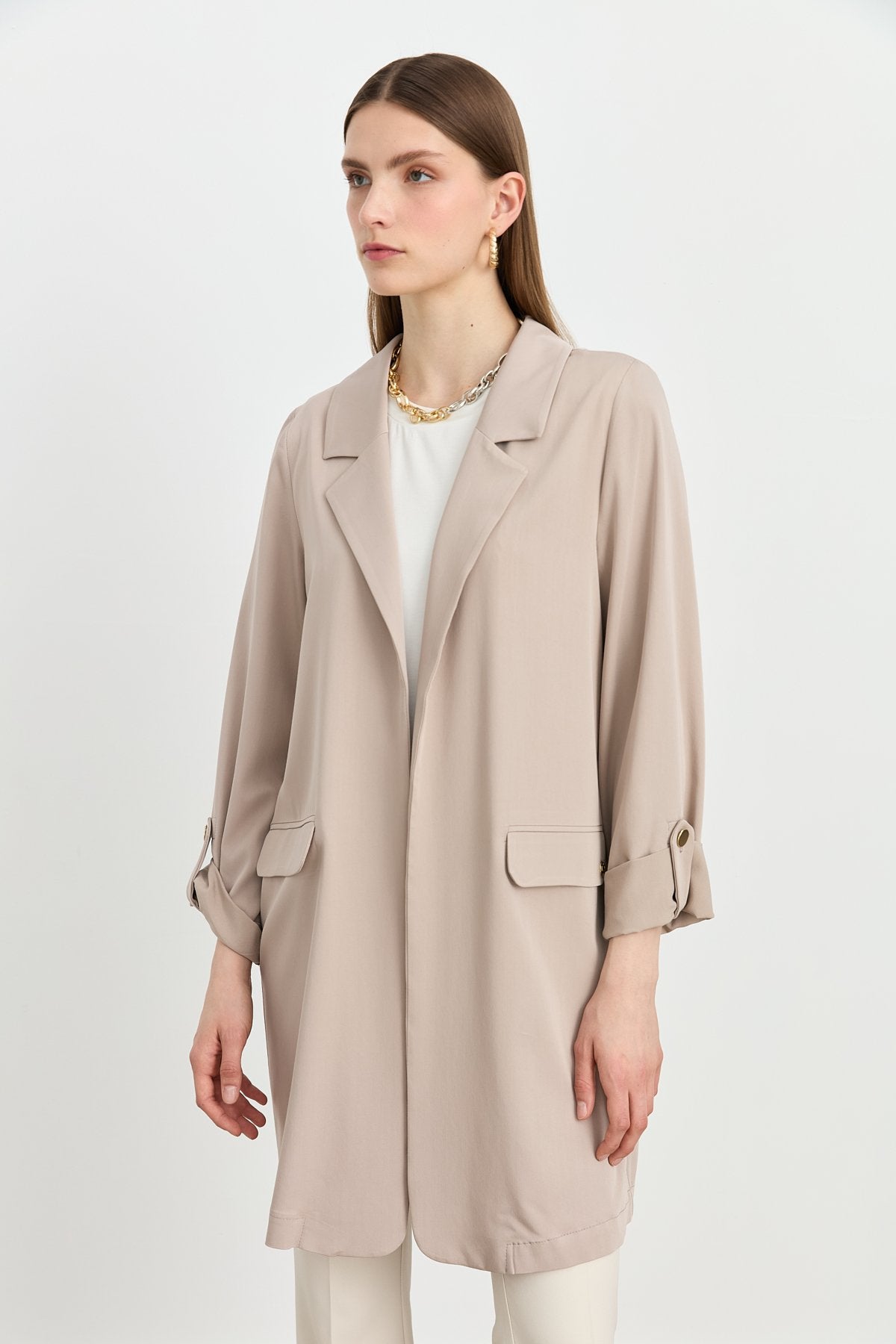 Kolu Katlanılabilir Blazer Viskon Ceket - Taş