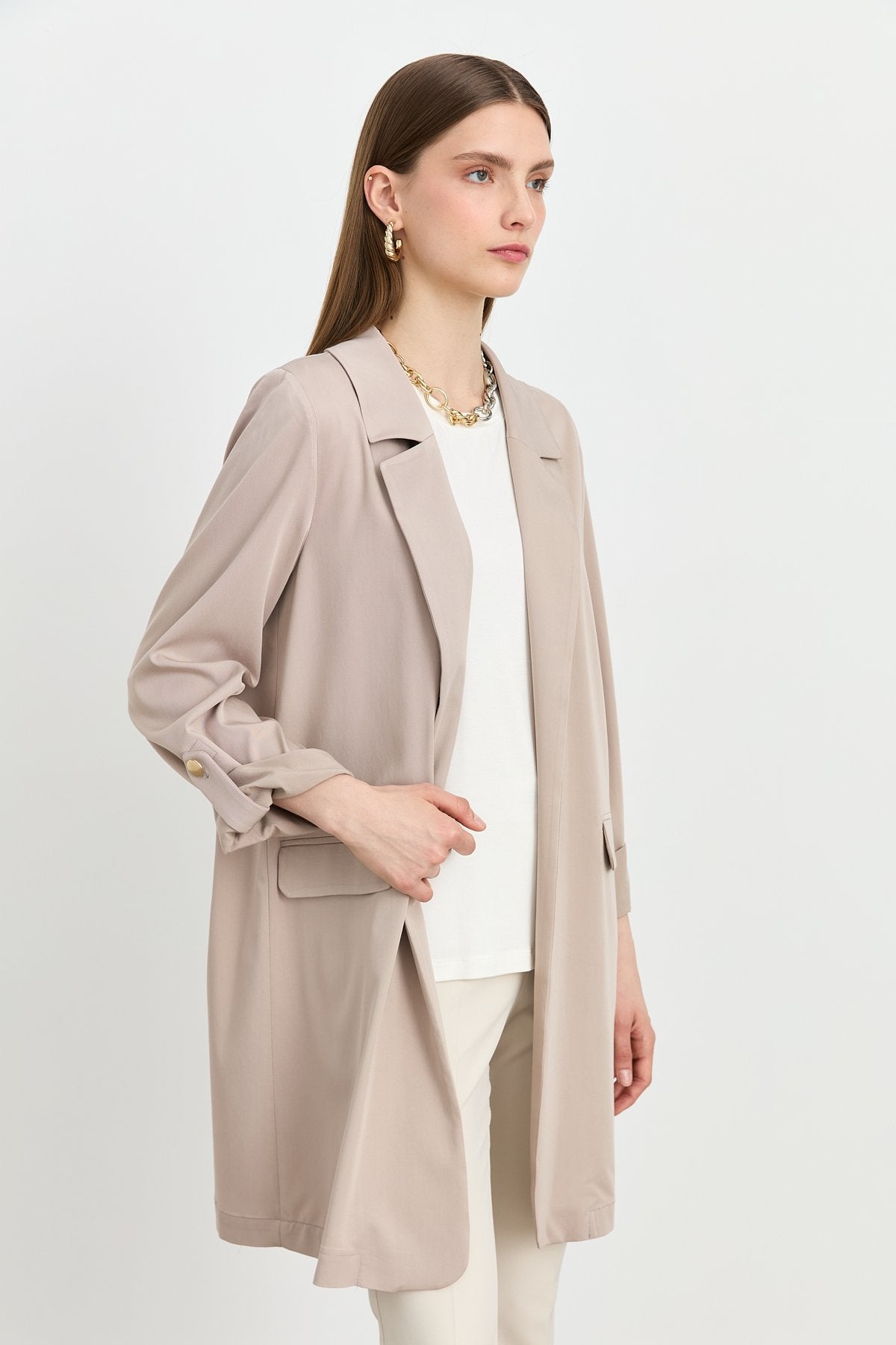 Kolu Katlanılabilir Blazer Viskon Ceket - Taş