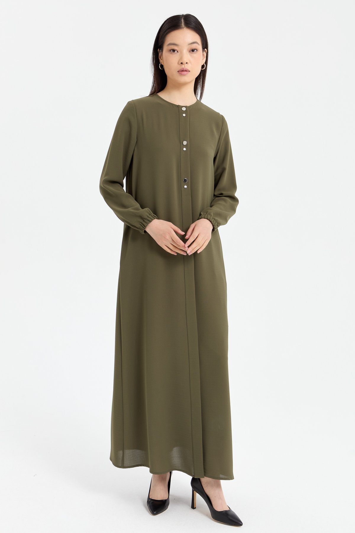 Abaya with Elasticated Sleeves - Khaki