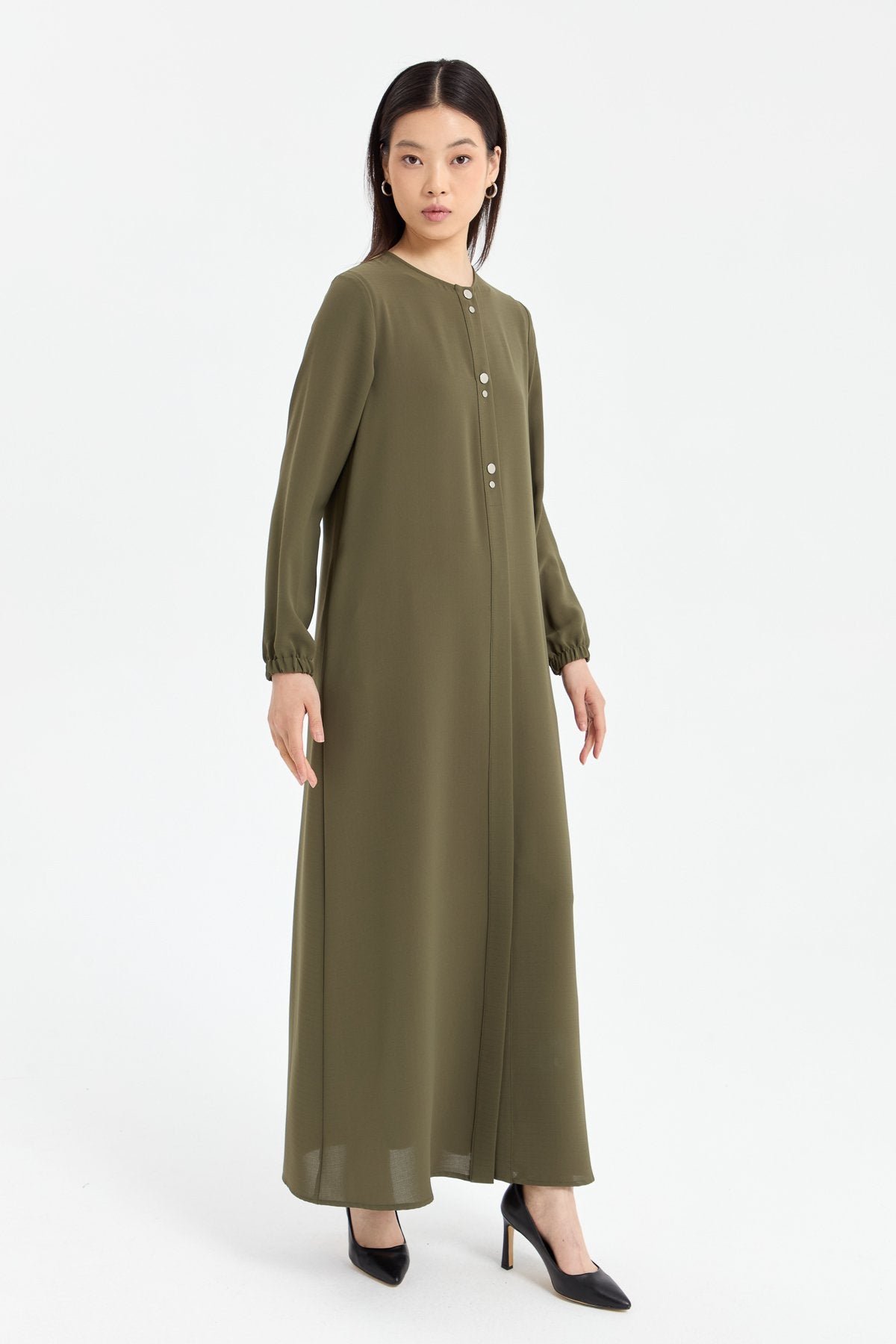 Abaya with Elasticated Sleeves - Khaki